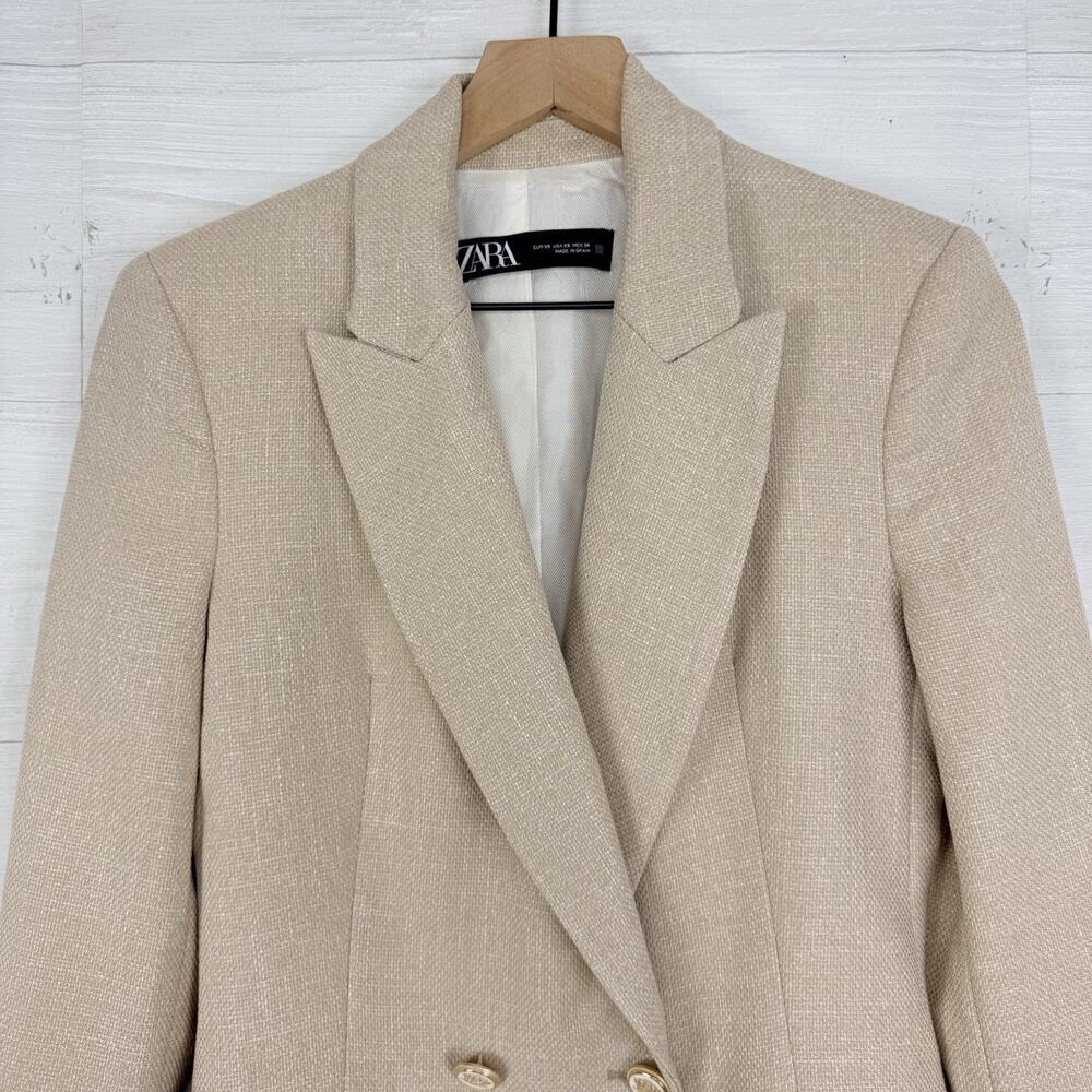 Zara Double Breasted Long Blazer XS Neutral Tailored Academia Textured Office - Picture 3 of 16